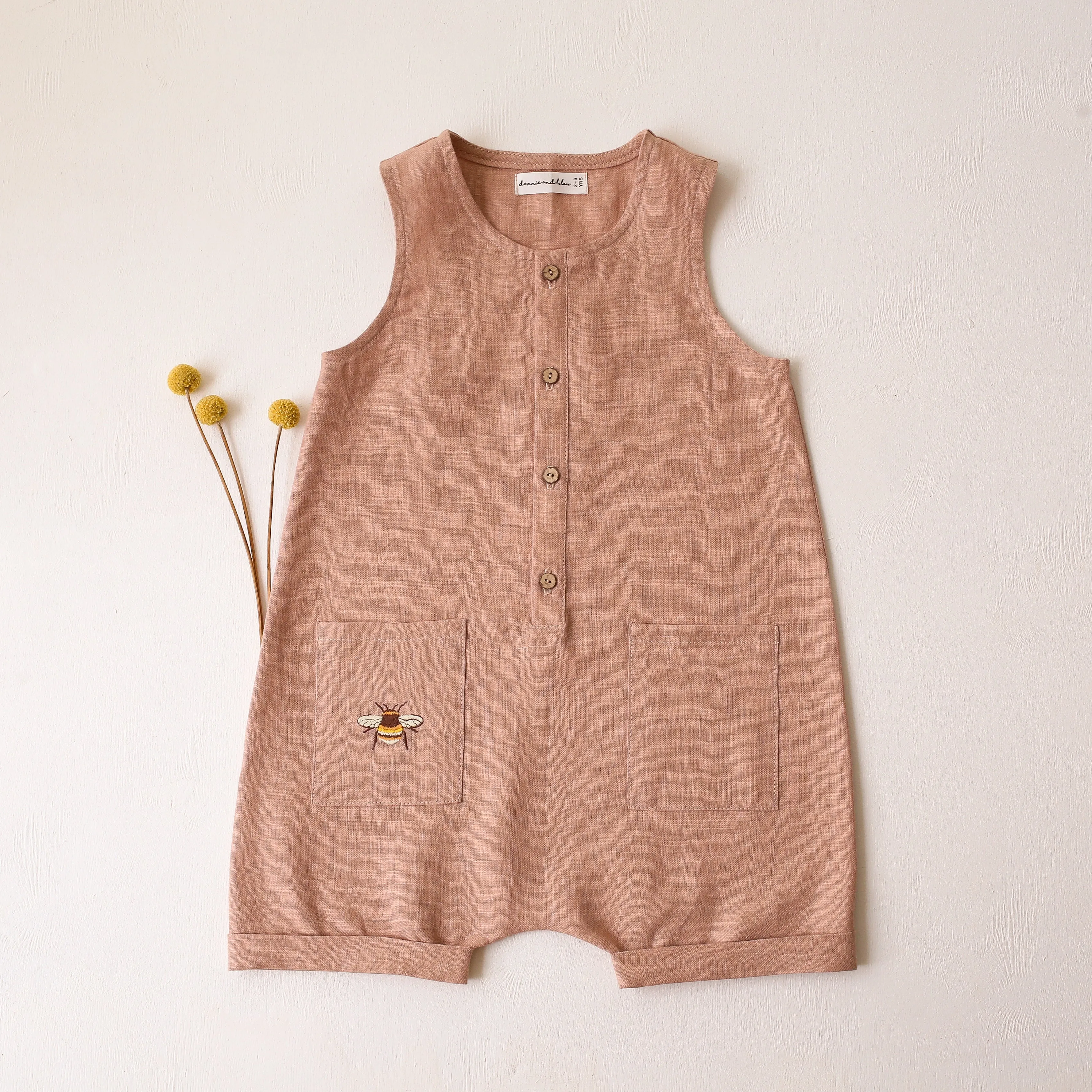 Clay Linen Short Legs Tank Jumpsuit | Bumblebee Embroidery