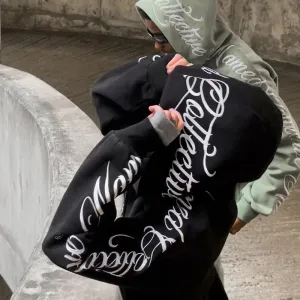 Gothic Letter Embroidery Zip-Up Hoodie & Sweatpants Set – Y2K Hip Hop Casual Streetwear