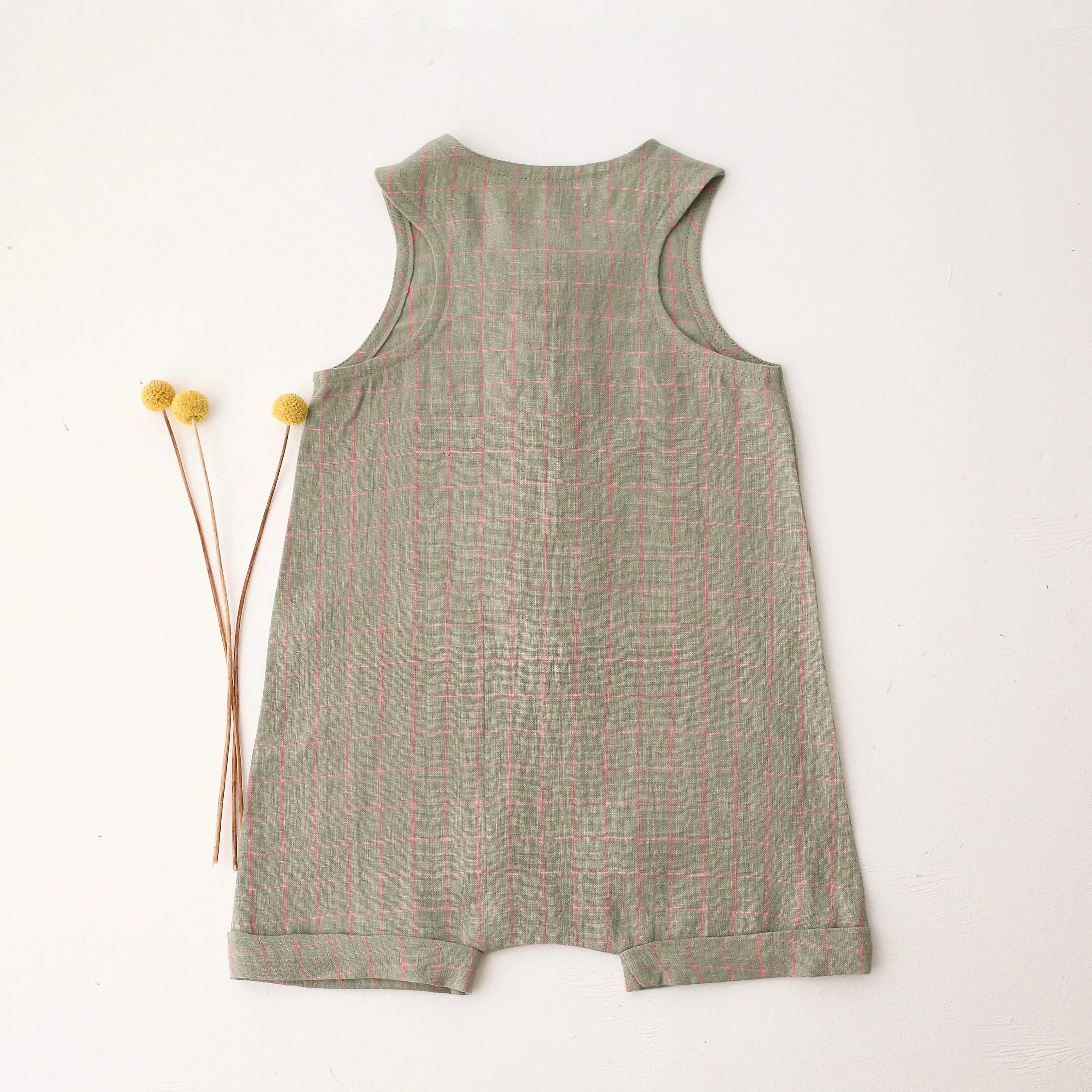 Mint & Pink Check Linen Short Legs Tank Jumpsuit with Mini Flowers Embroidery