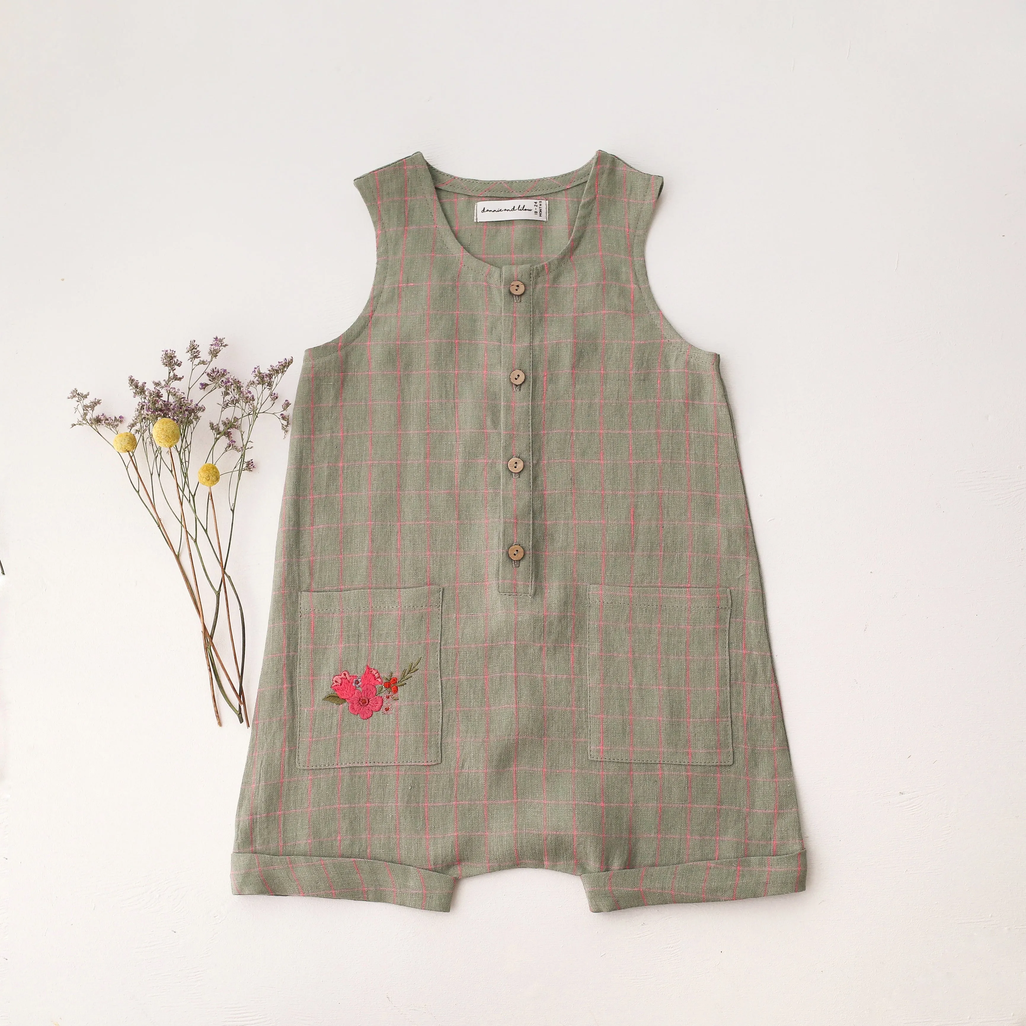Mint & Pink Check Linen Short Legs Tank Jumpsuit with Mini Flowers Embroidery