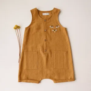 Mustard Linen Short Legs Tank Jumpsuit | 3 Bumblebees Embroidery
