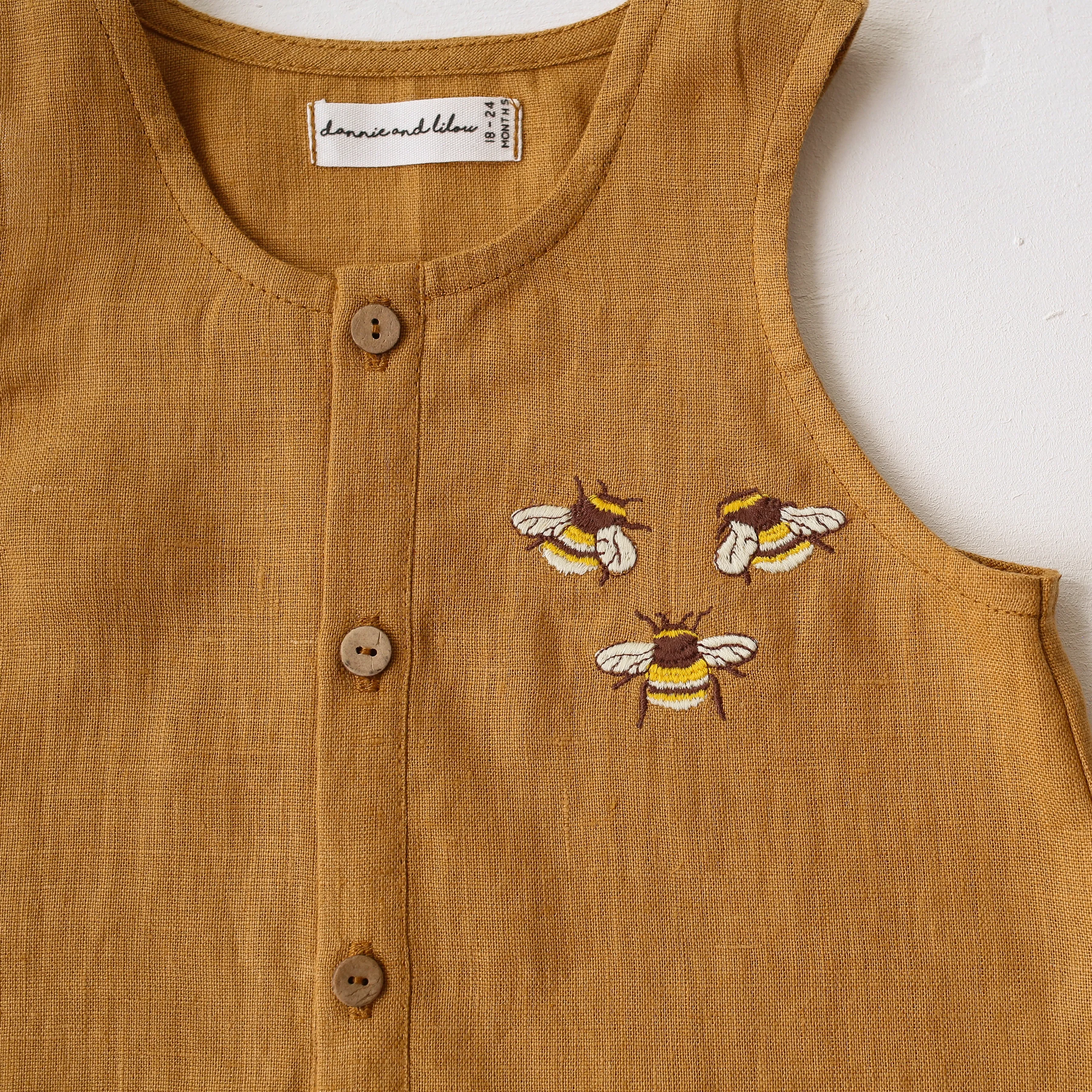 Mustard Linen Short Legs Tank Jumpsuit | 3 Bumblebees Embroidery
