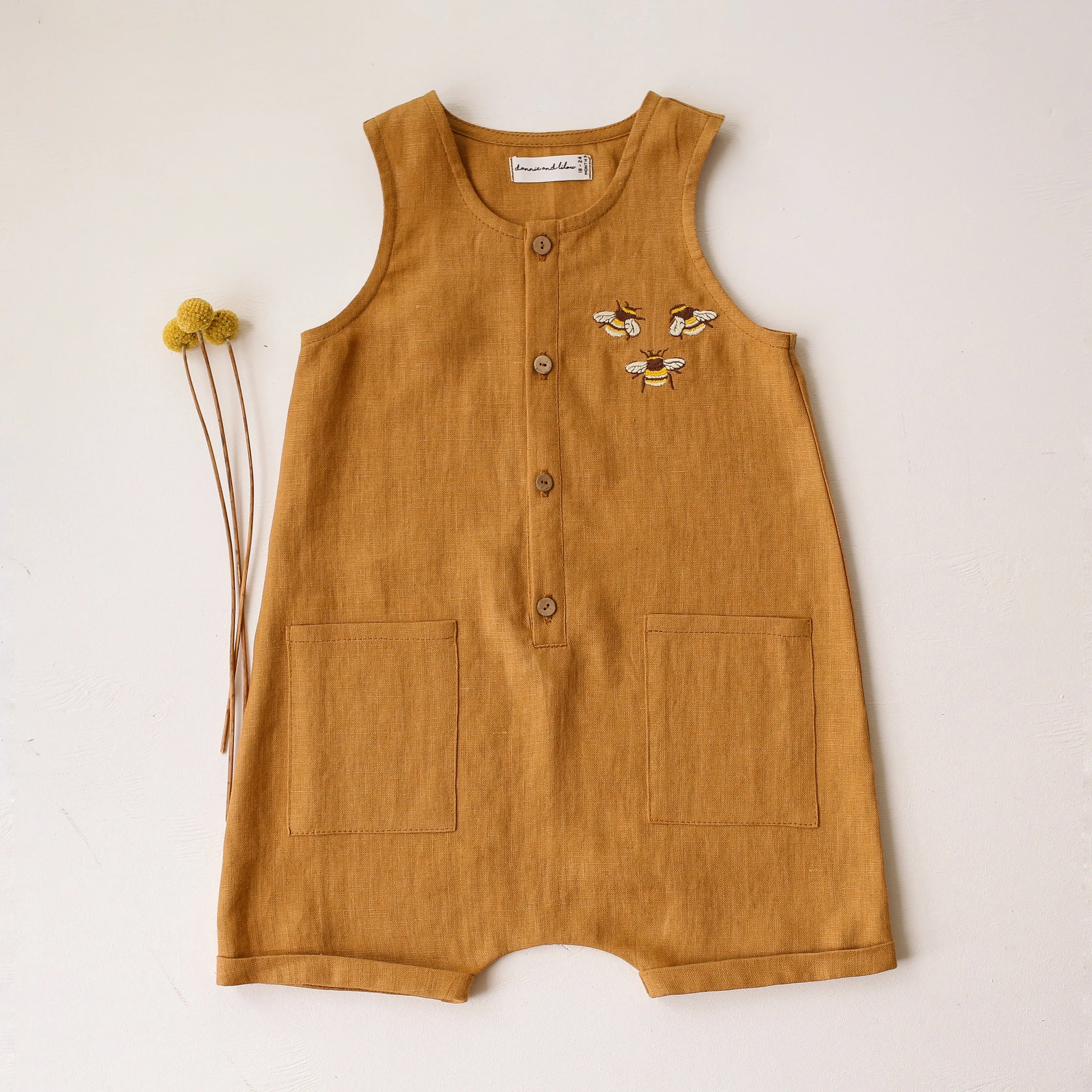 Mustard Linen Short Legs Tank Jumpsuit | 3 Bumblebees Embroidery