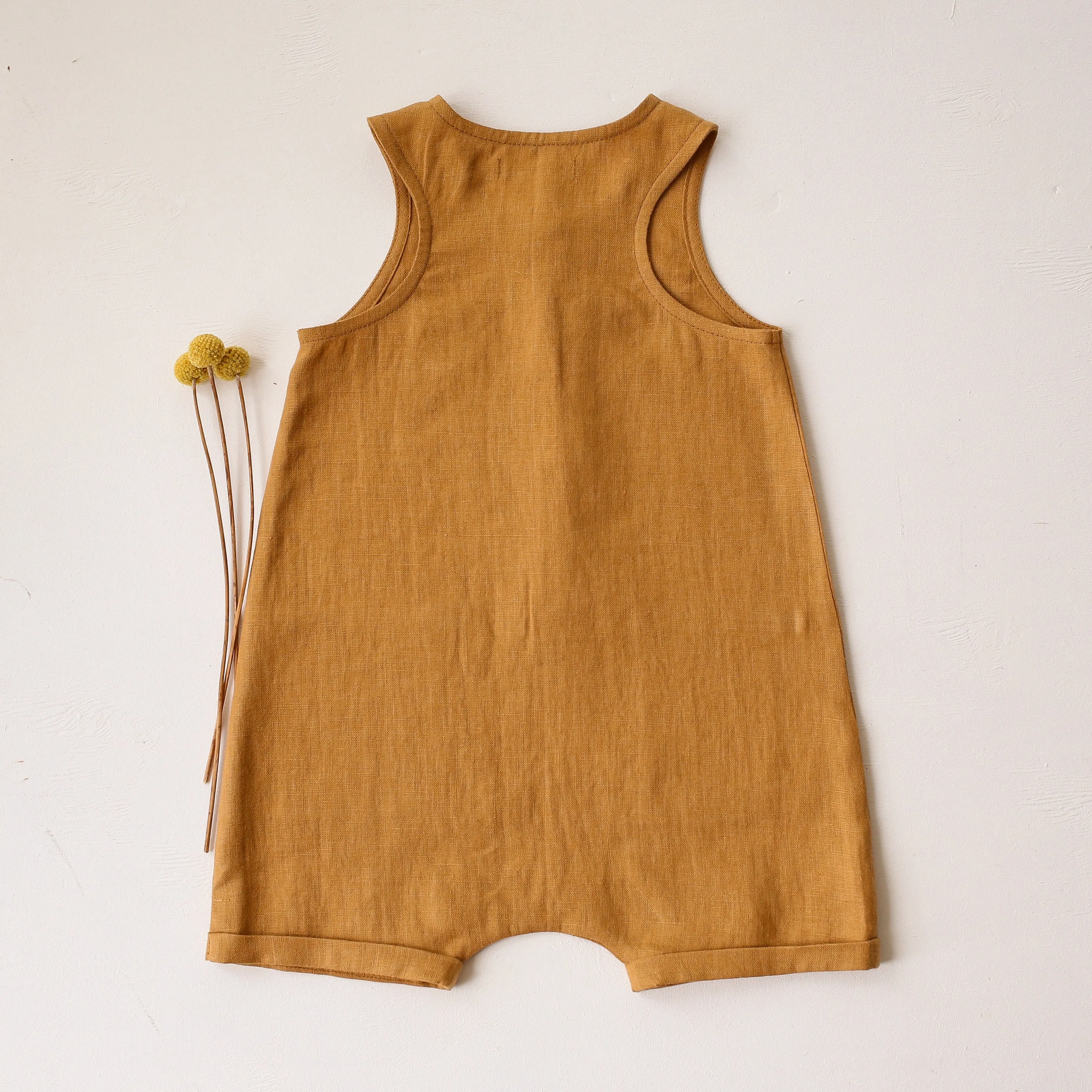 Mustard Linen Short Legs Tank Jumpsuit | 3 Bumblebees Embroidery